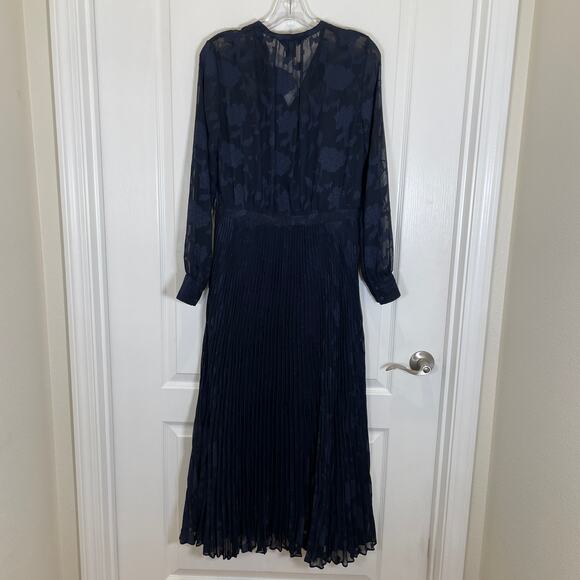 Club Monaco Pleated Jacquard Shirt Dress Navy Blue Midi Sheer Long Sleeve 8 - Picture 8 of 8